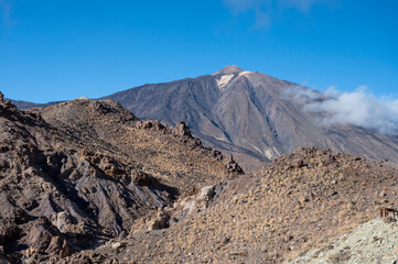 Visiting Teide national park on Tenerife and view on volcanic landscapes, Canary islands, Spain
