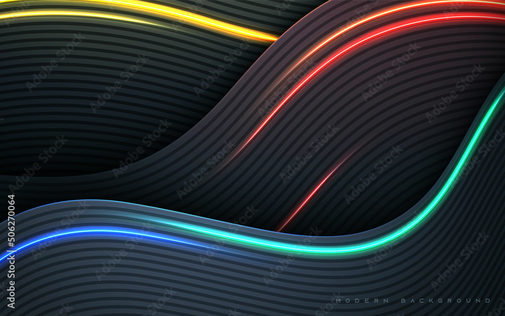 Wall mural black abstract wavy dimension background with colorful light decoration