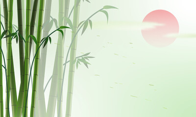 light green background bamboo tree with red sun in the morning