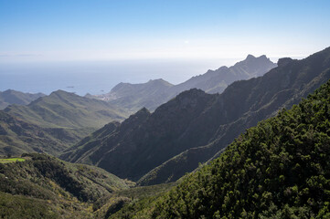 Panoramic view on green mountains of Anaga national park, North of Tenerife, Canary islands, Spain