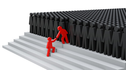 Personengruppe aus der eine Person heraussticht um einer außenstehenden Person, die Hand zur Hilfe zu reichen . 3d rendering