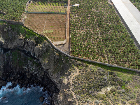 Aerial view on Charco del Viento natural pool in black lava rocks and banana tree plantation on Tenerife, Canary islands, Spain