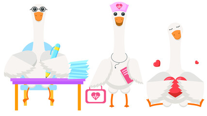 Set Abstract Collection Flat Cartoon Different Animal Birds Goose, Geese, Hugs The Heart, Doctor With First Aid Kit, Signs A Pile Of Papers Vector Design Style Elements Fauna Wildlife