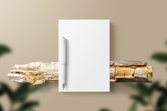 Clean Minimal Book 4x6 Mockup On Wood With Pen Background