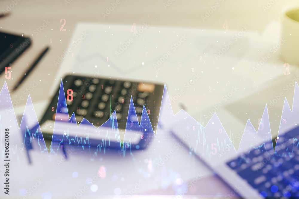 Poster double exposure of abstract virtual statistics data hologram on blurry calculator with laptop backgr