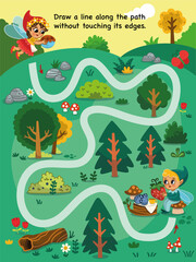 Help fairy to reach her friend for a picnic. Eye hand coornation practice for little children. Vector illustration.