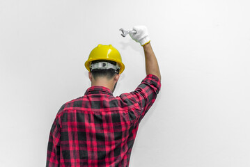 Technician wear helmet with Wrench in hand isolate on white background,Thailand people,Labor day concept