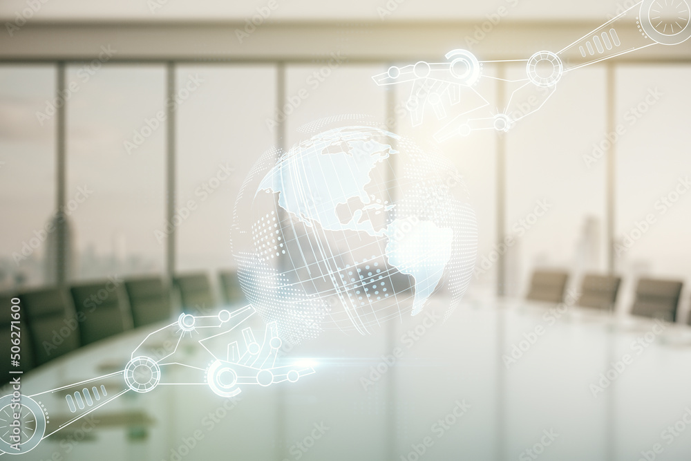 Aufkleber double exposure of abstract virtual robotics technology with world map hologram on a modern meeting 