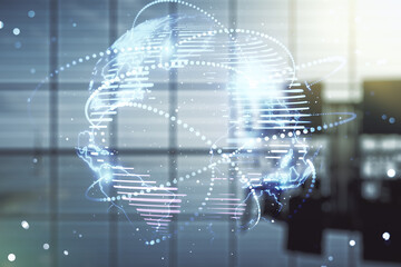 Abstract graphic digital world map hologram with connections on a modern coworking room background, globalization concept. Multiexposure