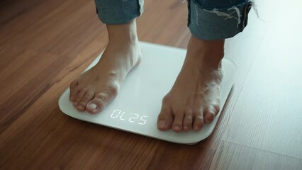 B roll - Woman Feet Standing Weighing Scales, Female Checking BMI Weight Loss. Barefoot Measuring Body Fat Overweight