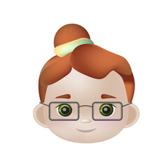 Vector 3d illustration, the girl's face in glasses, red hair, green eyes. Avatar, icon for the application. Kawaii smiling cartoon character.Suitable for children's products, books