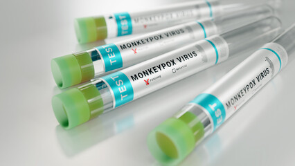 Monkeypox virus test tube on shiny table testing to prevent pandemic. 3D Rendering