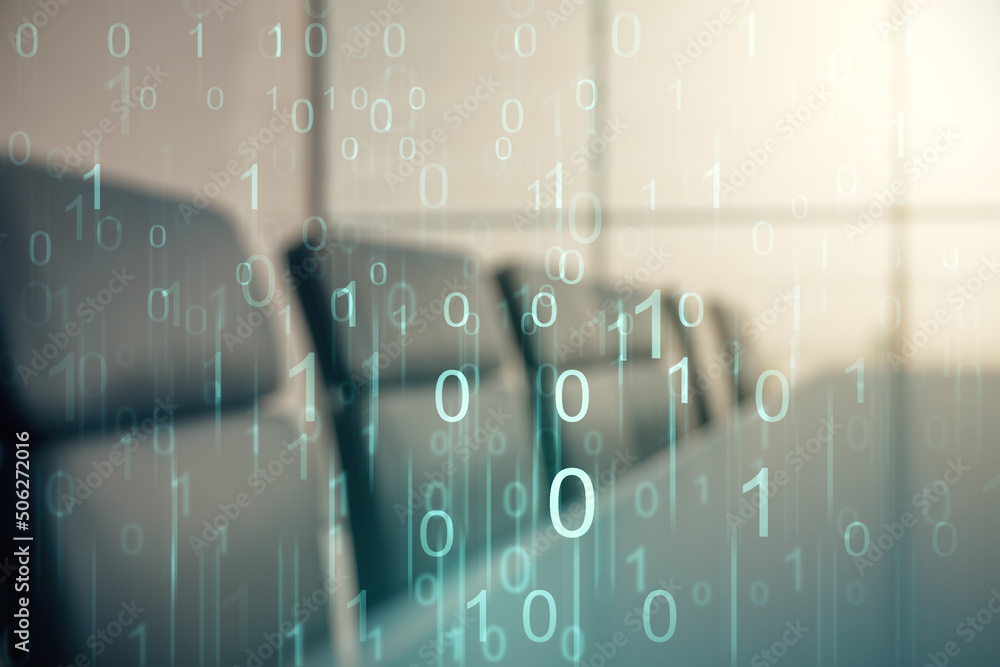 Poster abstract virtual binary code hologram on a modern coworking room background, ai and machine learning