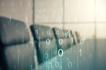 Abstract virtual binary code hologram on a modern coworking room background, AI and machine learning concept. Multiexposure