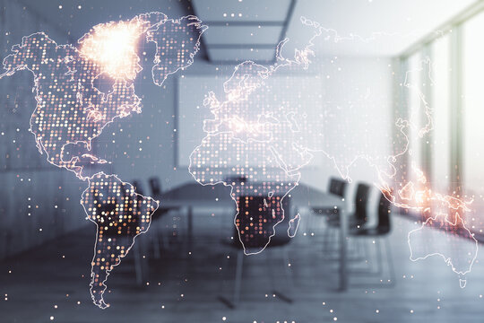 Multi exposure of abstract creative digital world map hologram on a modern meeting room background, research and analytics concept
