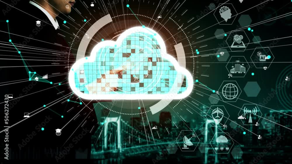 Poster conceptual cloud computing and data storage technology for future innovation . 3d render computer gr