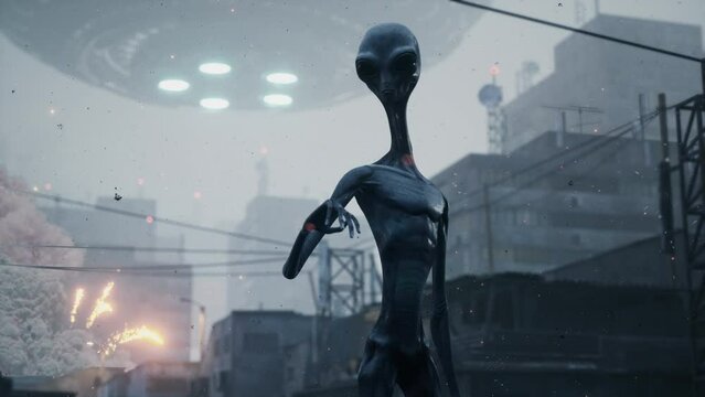 An alien stands in a ruined city against a backdrop of explosions and his spaceship. Aliens from space have attacked the city. The looped animation is ideal for apocalyptic, sci-fi, space backgrounds.