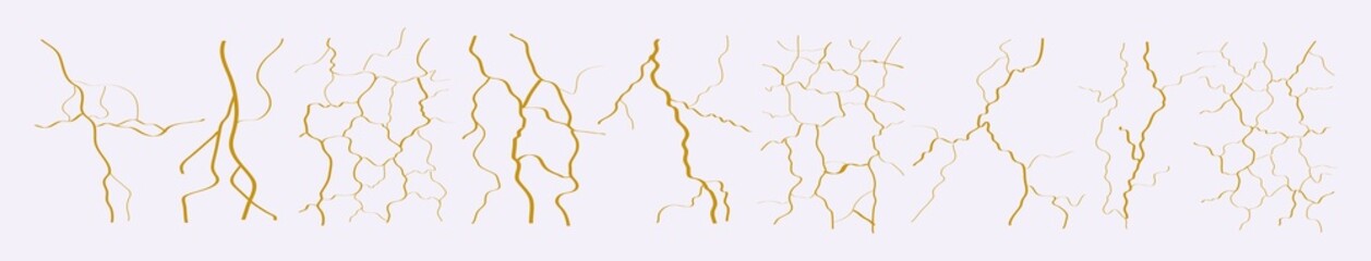 Yellow crack or gold kintsugi texture. Set of lightning flash vector illustration isolated on white background. Broken and imperfect effect, marble surface, decorative elements, abstract destruction