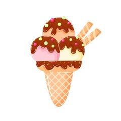 Vector ice cream, in a waffle cup, with different flavors, and cherries, on a white background