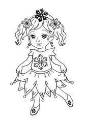 coloring book illustration with a little girl dressed as snowflake princess for a fancy dress new year  party