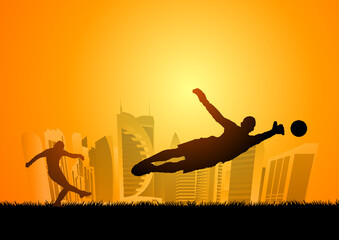 Soccer players with the Doha skyline on background © Giordano Aita