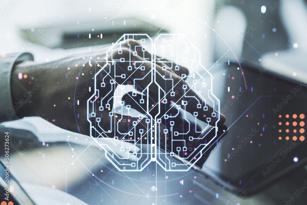 Poster double exposure of creative artificial intelligence symbol with finger clicks on a digital tablet on