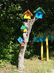 Pole with hanging colorful wooden birdhouses.