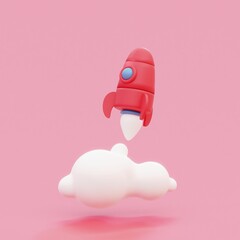red rocket takes spewing smoke on a red background. The symbol for success is Start-up education and knowledge. 3D Render.