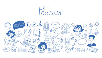 Podcast doodle cartoon icons set. Vector collection of podcast or broadcast illustrations. Template background for podcasting in sketch style. © Tsareva.pro