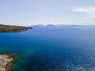 aerial view of ionian sea kefalonia island on background