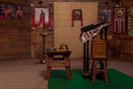 Orthodox Church on Khortitsa Zaporizhzhya Sich Ukraine. interior, preparation for the wedding. Ukrainian hand-embroidered towels
