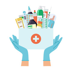 Hands give a bag with medicines, pills, liquid medicines, vitamins. Medicine and health theme. Flat vector illustration