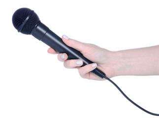 black microphone audio in hand on white background isolation