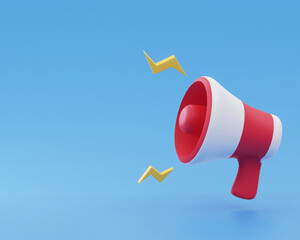 Red and white megaphone with yellow rays on blue background. Concept Megaphone for graphic composition. 3D Render, 3D art.