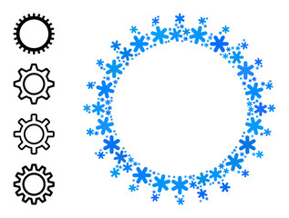 Mosaic gear icon is created for winter, New Year, Christmas. Gear icon mosaic is organized of light blue snow items. Some bonus icons are added.