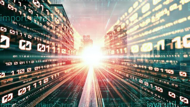 Software development, application programming code and tacit computer coding . Concept of smart digital transformation and technology disruption that changes global trends in new information era .