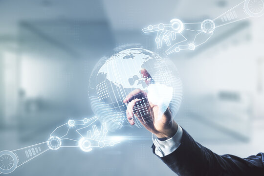 Double exposure of male hand clicks on abstract virtual robotics technology with world map hologram on blurred office background. Research and development software concept