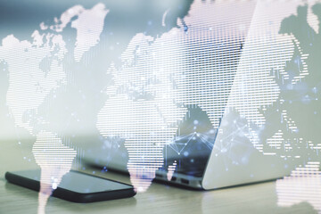 Abstract creative digital world map on modern computer background, globalization concept. Multiexposure