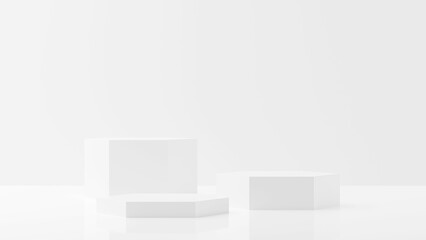 Three hexagon white empty, blank dais, podium or platform with white background, product presentation template mock-up