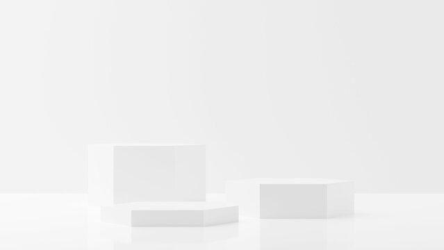 Three hexagon white empty, blank dais, podium or platform with white background, product presentation template mock-up
