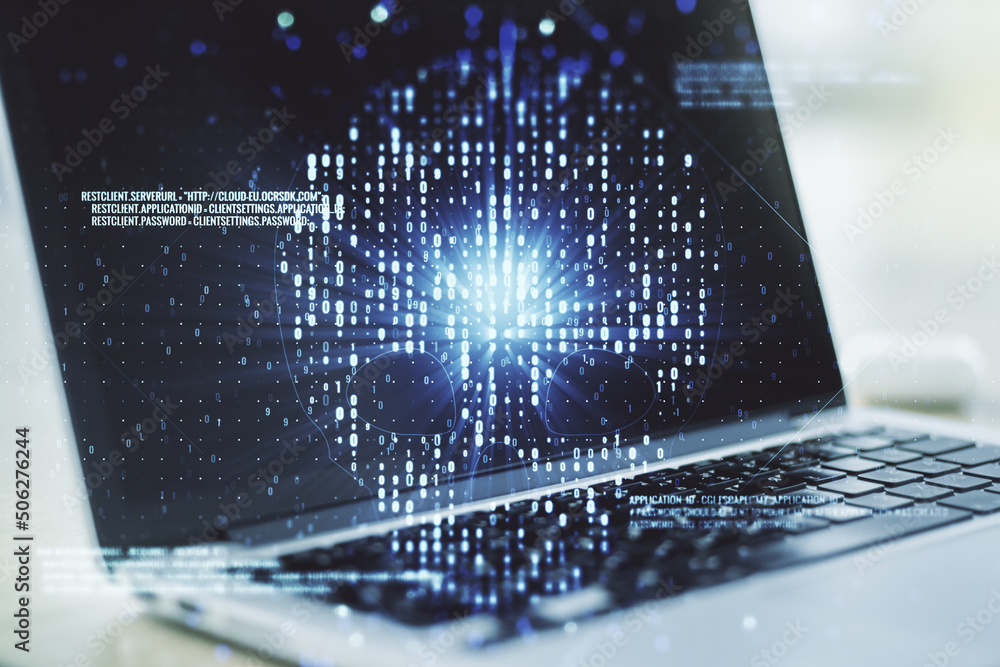 Poster creative code skull sketch on modern laptop background, theft of personal data and malware concept. 