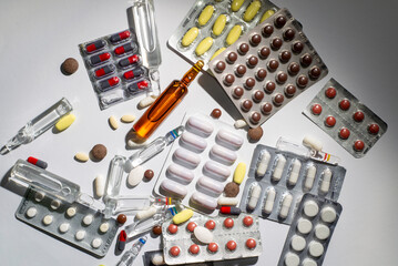 Drug prescription for treatment medication. Pharmaceutical medicament, cure in container for...