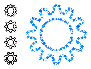 Mosaic contour gear icon is done for winter, New Year, Christmas. Contour gear icon mosaic is designed with light blue snow elements. Some bonus icons are added.