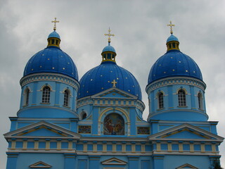 Blue painted towers of church in Ukraine	