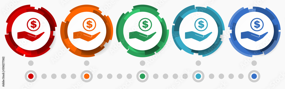 Poster bank, money, business concept vector icon set, modern design abstract web buttons in 5 color options