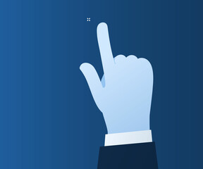 Hand pointing. Index finger touches on screen or shows something.