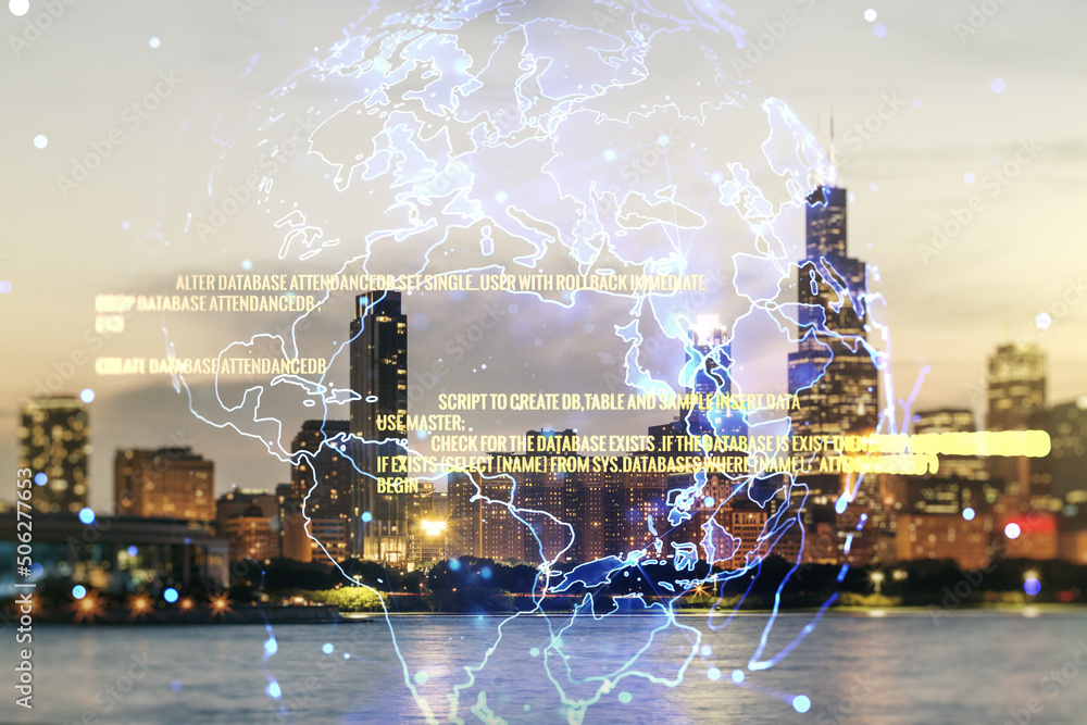 Poster double exposure of abstract programming language hologram and world map on chicago city skyscrapers 