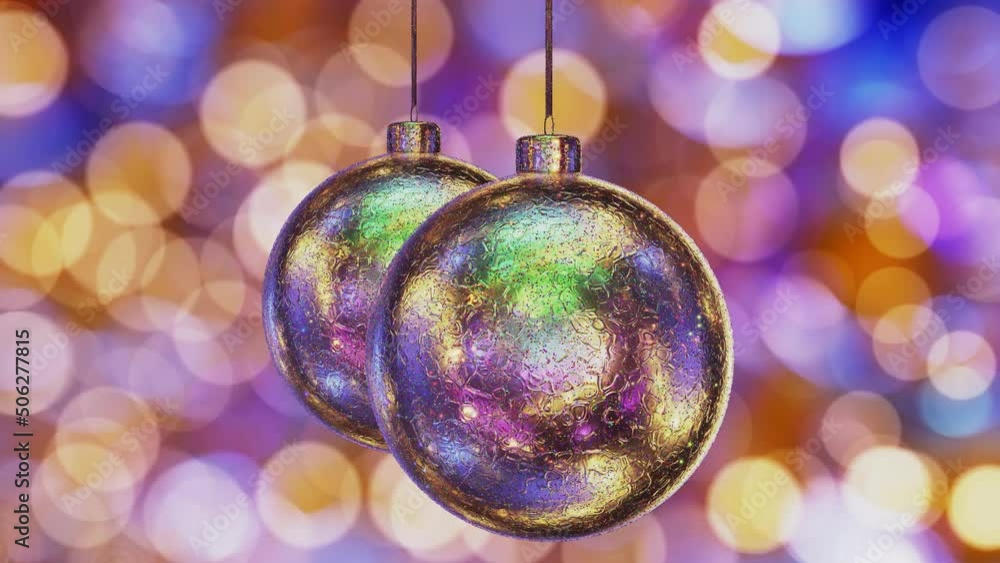 Poster realistic looping 3d animation of the hanging spinning iridescent golden metallic christmas balls co