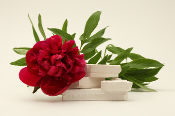 Empty stack of stones, pion flower and leaf platform podium on beige background. Minimal empty display product presentation scene.