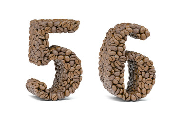 Number 5 five  and number 6 six from coffee bean isoilated on white. Coffee alphabet font.
